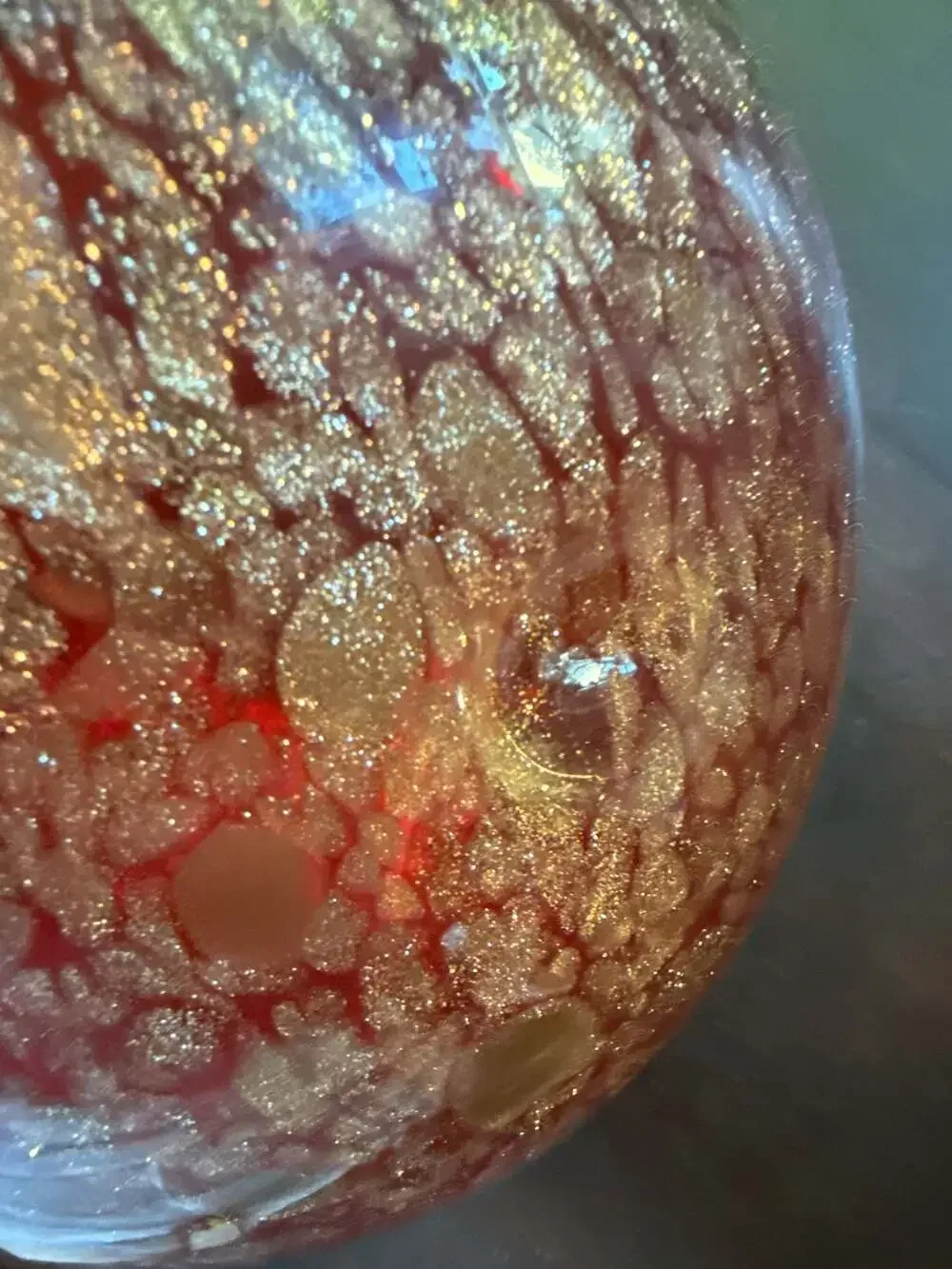 Hand Blown Art Glass Red and Gold Flecked Sphere Vase, approx 6” tall
